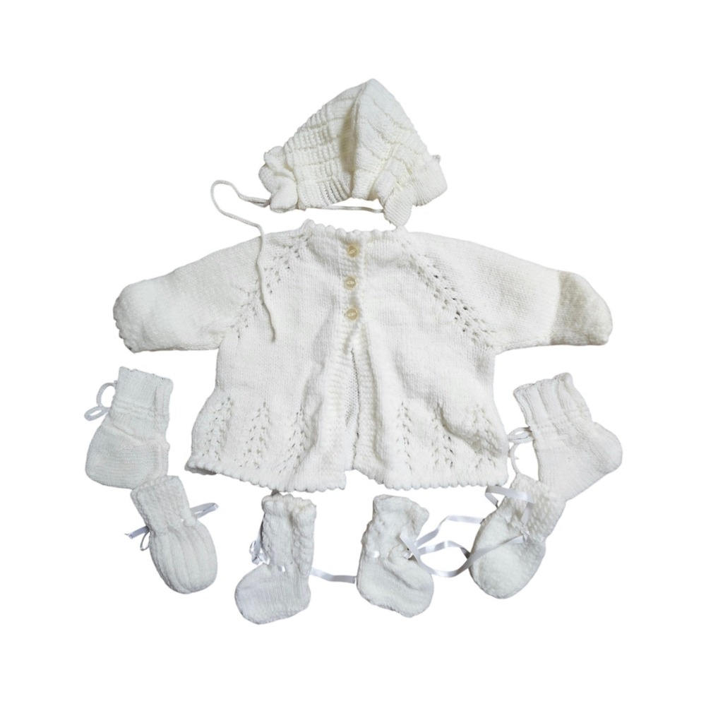 Vintage Handmade Baby Knit Cardigan Bonnet Booties Mittens 5-Piece Set Kidcore